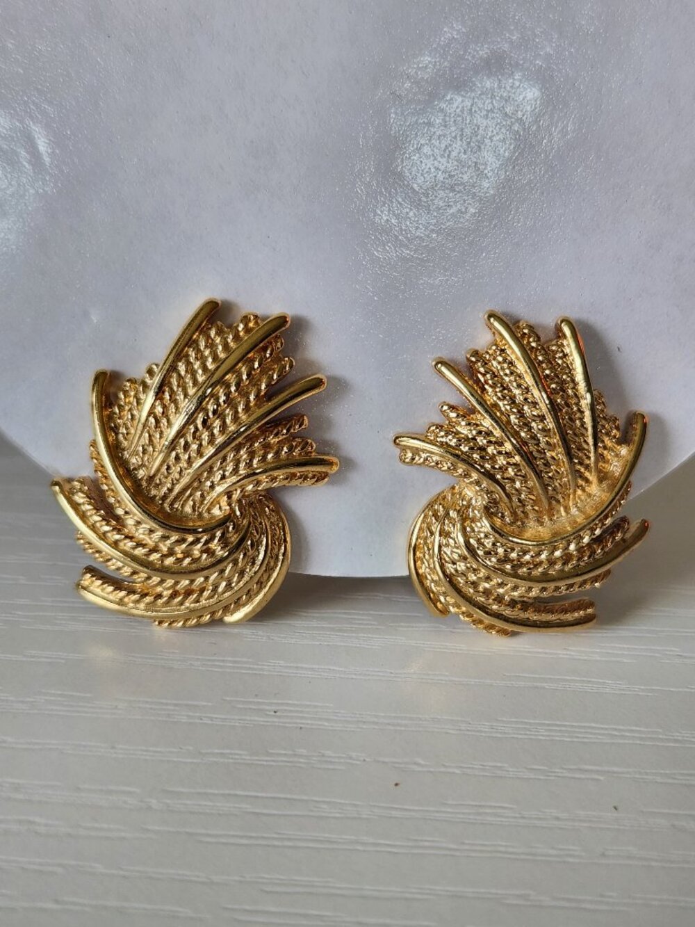 Vintage Monet Gold Tone Swirl Clip On Earrings Textured Statement Retro